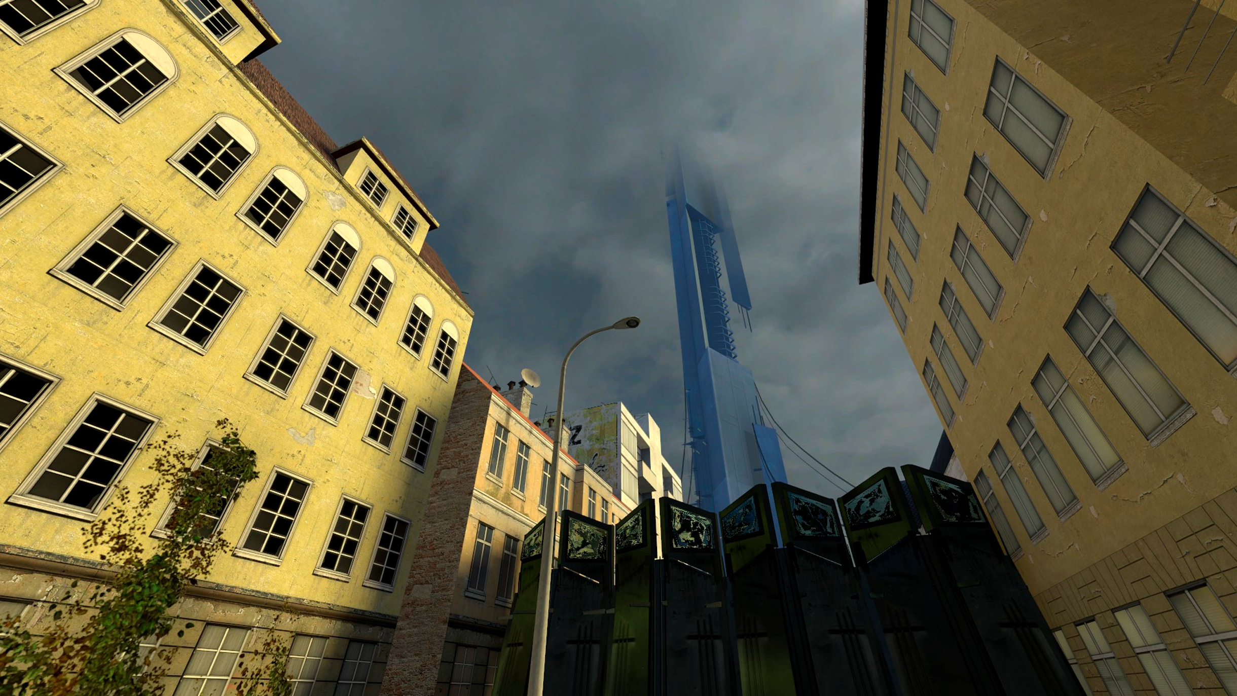 Сити-17 — настоящий город контрастов. Тут рядом с советскими многоэтажками возвышаются инопланетные постройки. Кадр: Valve Corporation