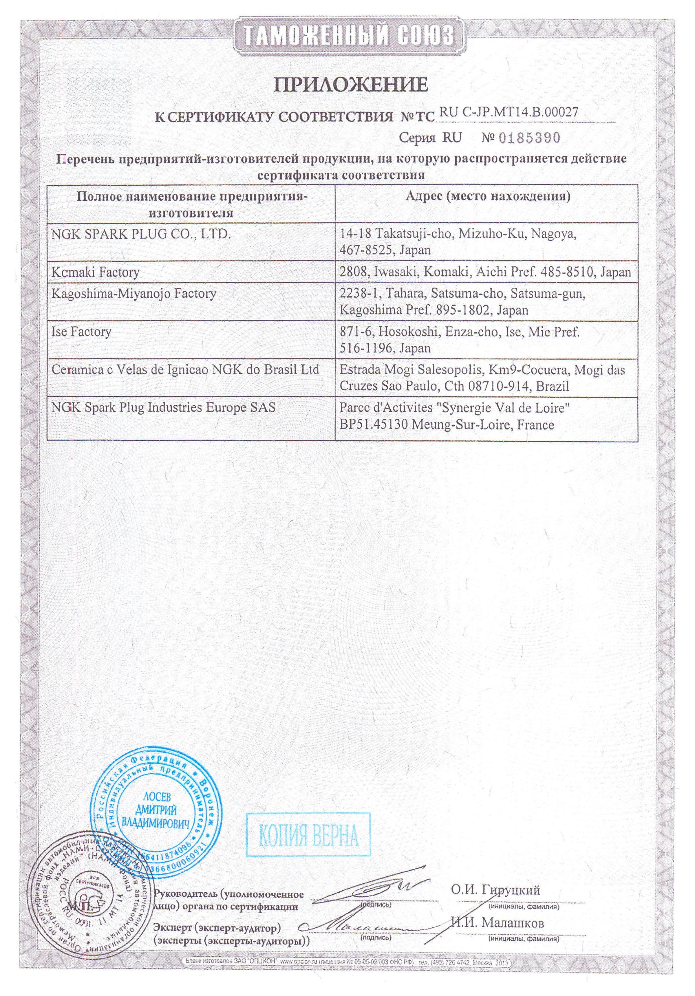 Сертификат соответствия на свечи зажигания NGK