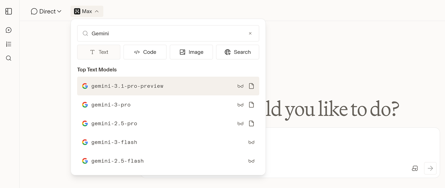Не забудьте переключиться на нужную группу моделей — под поисковой строкой есть кнопки Text, Code, Image и Search
