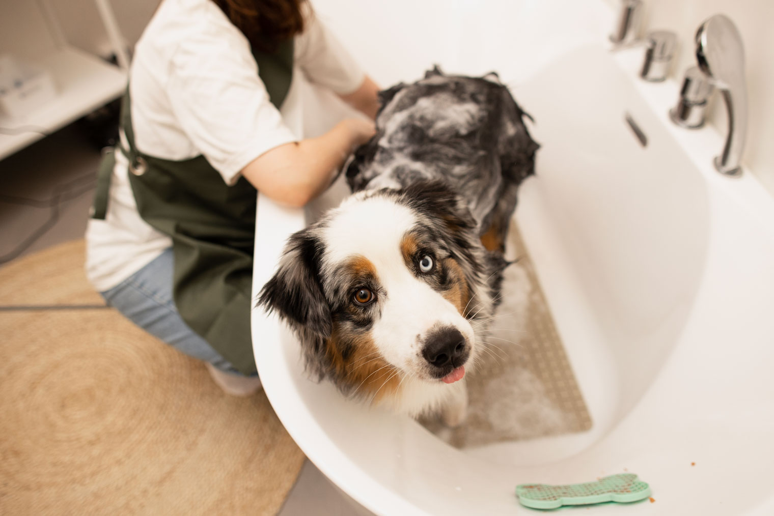 Дома в ванной можно использовать противоскользящий коврик на дно и лизательный коврик на липучке с паштетом, который поможет собаке отвлечься. Фотография: Наталья Коротаева
