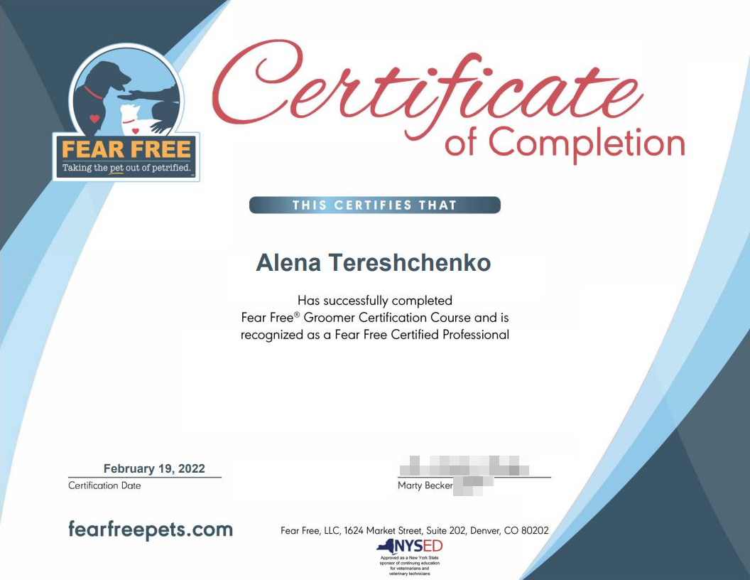 Я прошла обучение на fear⁠-⁠free⁠-⁠грумера и стала сертифицированным специалистом