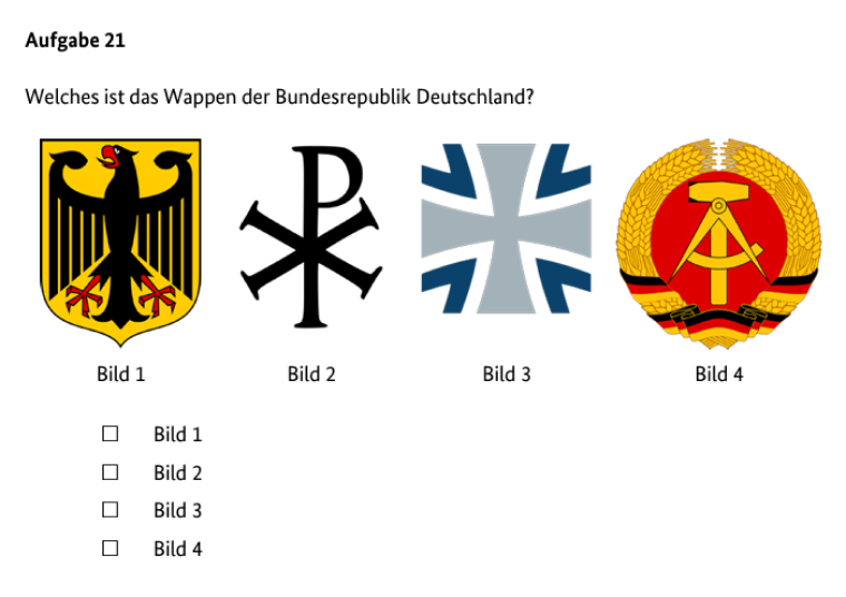 Тот самый вопрос: «Как выглядит герб Федеративной Республики Германия?» Правильный ответ — на картинке № 1. Источник: bamf.de