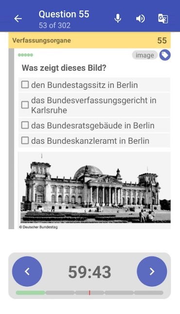 Так в приложении выглядит один из вопросов: «Что изображено на картинке?» Правильный ответ — № 1: резиденция Бундестага в Берлине