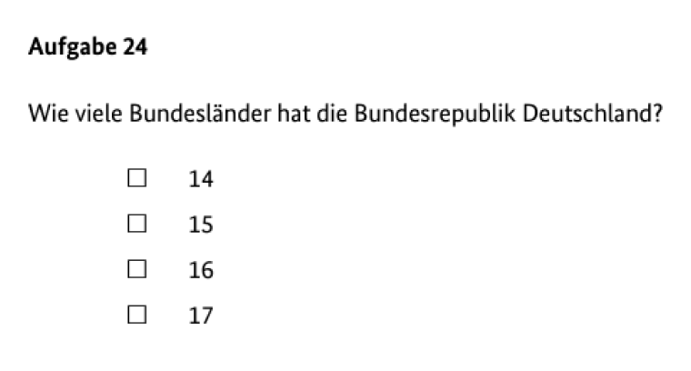 Вопрос средней сложности: «Сколько федеральных земель в ФРГ?» Правильный ответ — № 3. Источник: bamf.de
