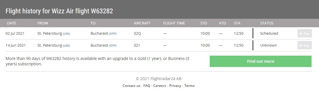 Судя по отчету Flightradar, 14 июня рейс из Санкт-Петербурга в Бухарест не состоялся