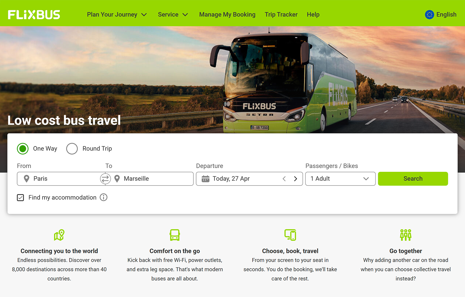 Главная страница сайта для покупки билетов на автобус FlixBus. Интерфейс доступен на английском и еще 47 языках и диалектах. © flixbus.com