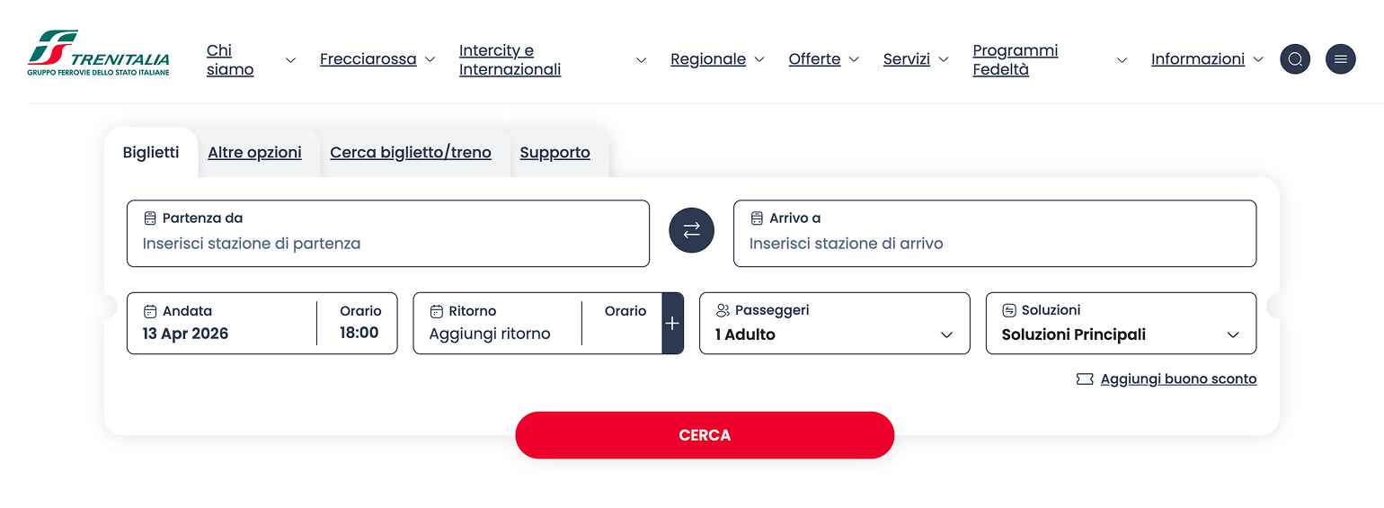 Форма поиска железнодорожных маршрутов на сайте Trenitalia. Интерфейс сайта доступен на английском и еще трех языках. © trenitalia.com