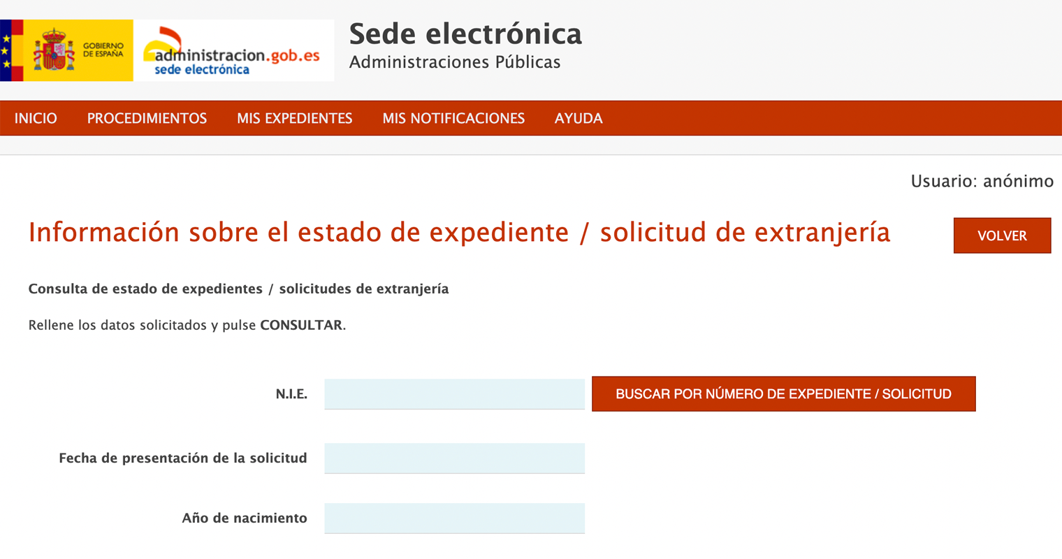 Форма проверки статуса рассмотрения иммиграционного дела на портале государственных услуг Испании