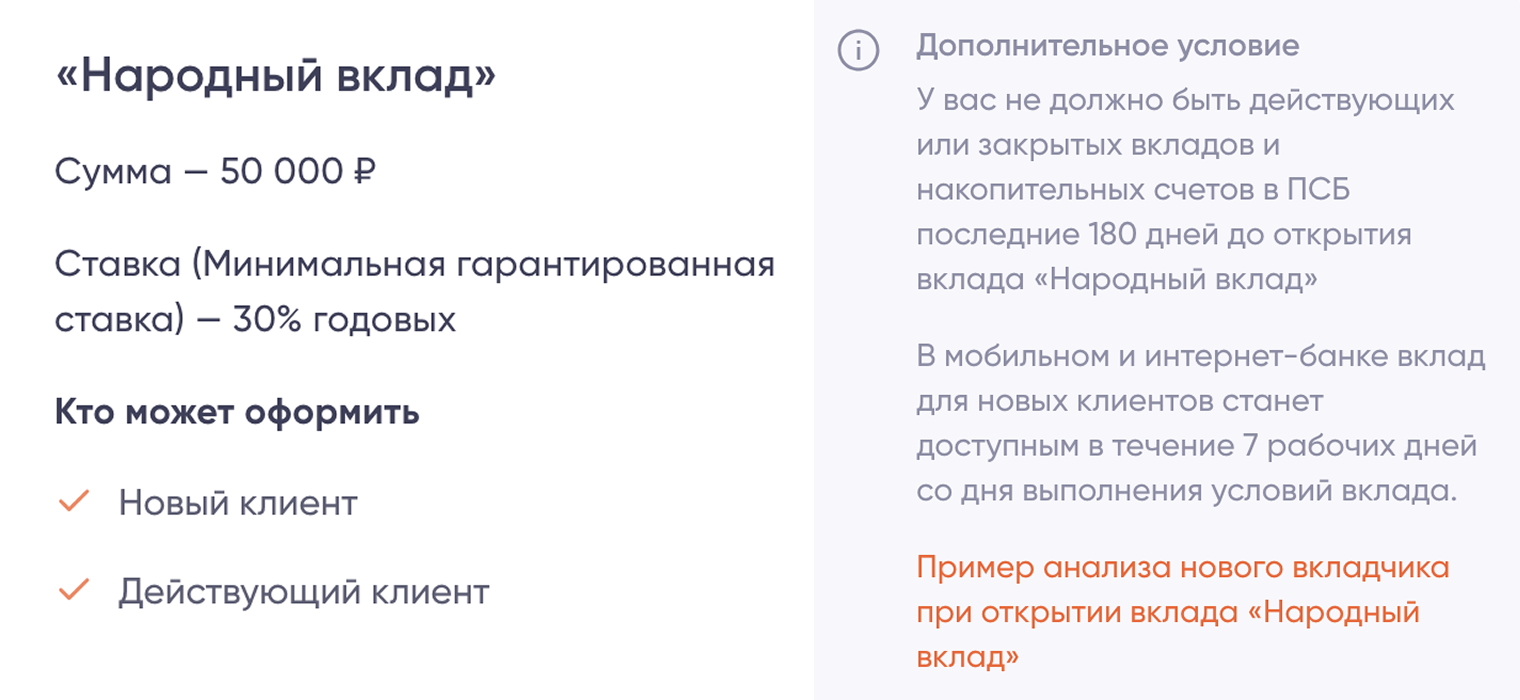 ПСБ предлагает новым клиентам одну из самых высоких на рынке ставок по вкладам — 30%. Источник: ПСБ