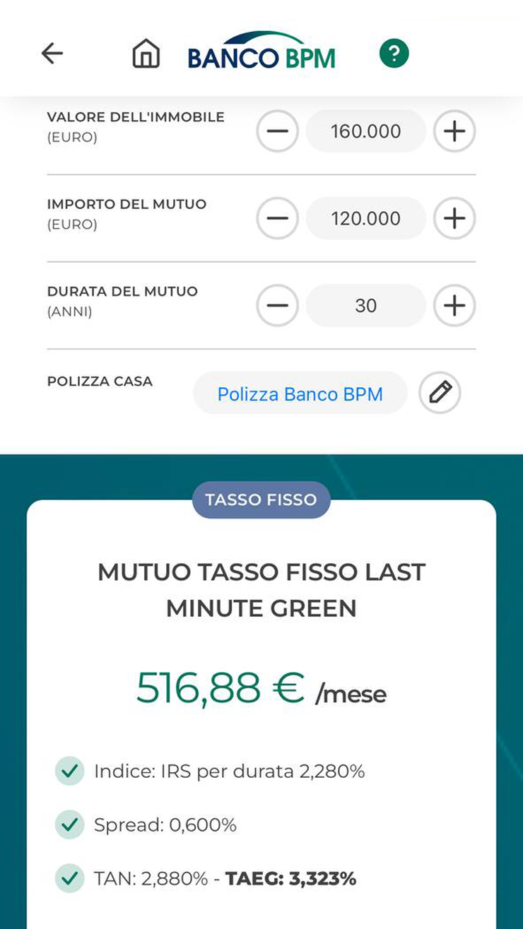 Расчет стоимости ипотечного кредита в мобильном приложении банка BPM. Источник: bancobpm.it