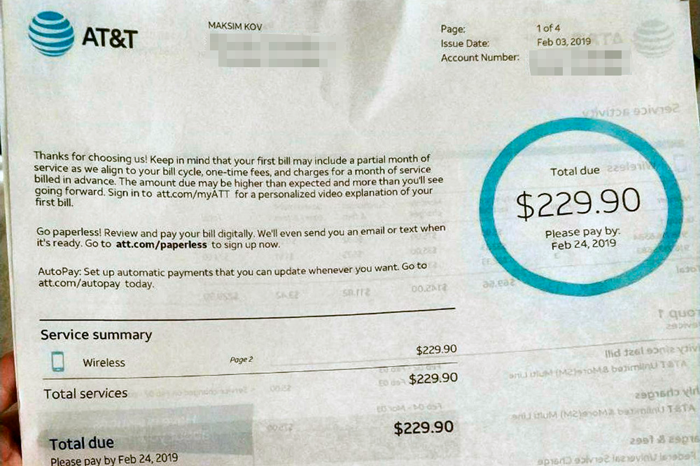 Сейчас безлимитный тариф в AT&T стоит 35 $ (2507 ₽) в месяц плюс 15 $ (1074 ₽) за подключение. Тариф без интернета обойдется в 10 $ (750 ₽). Почему нам в первый раз предложили дорогой тариф — до сих пор вопрос