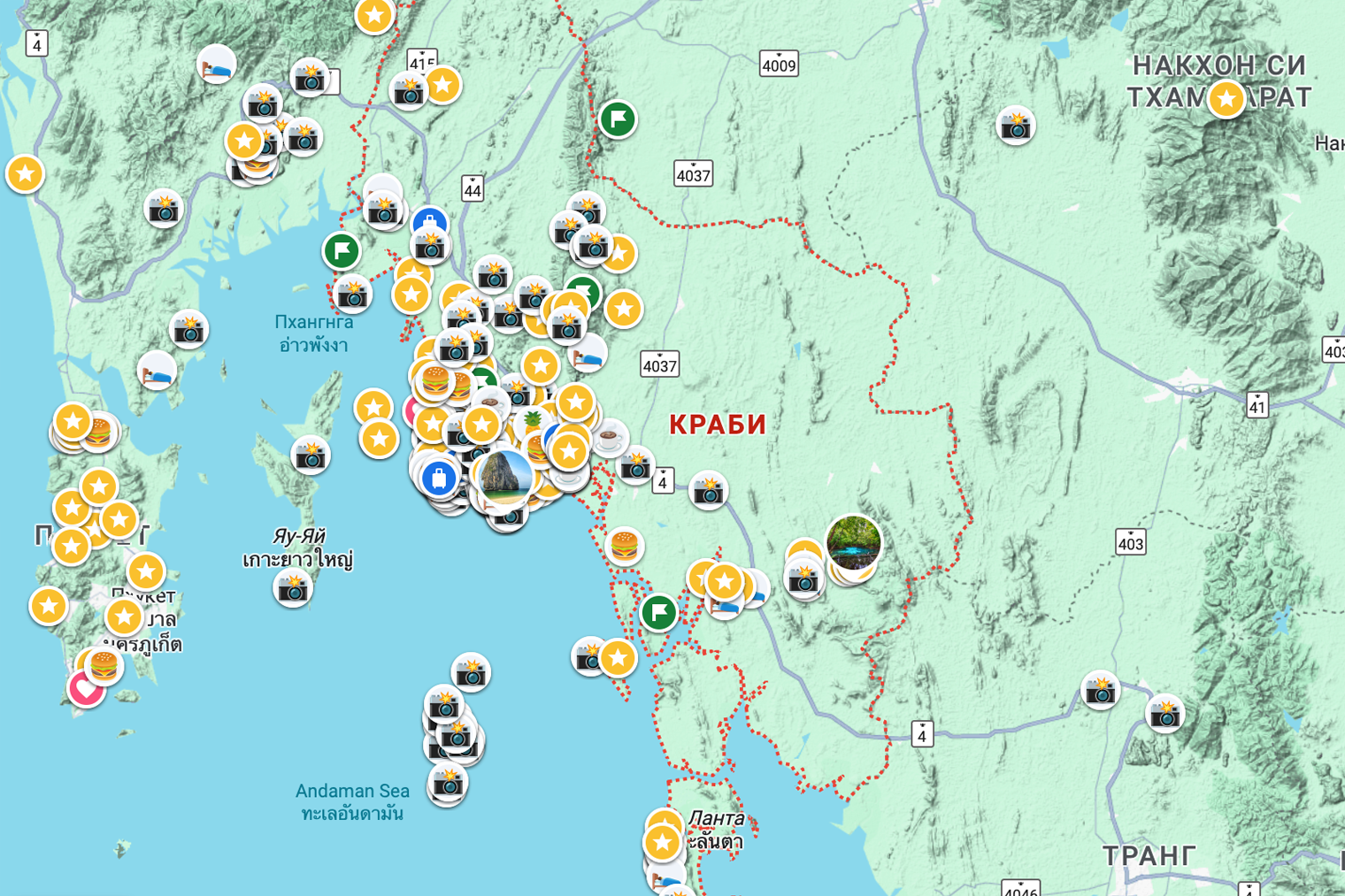 Провинция Краби и мои метки интересных мест на «Гугл-картах». © maps.google.com