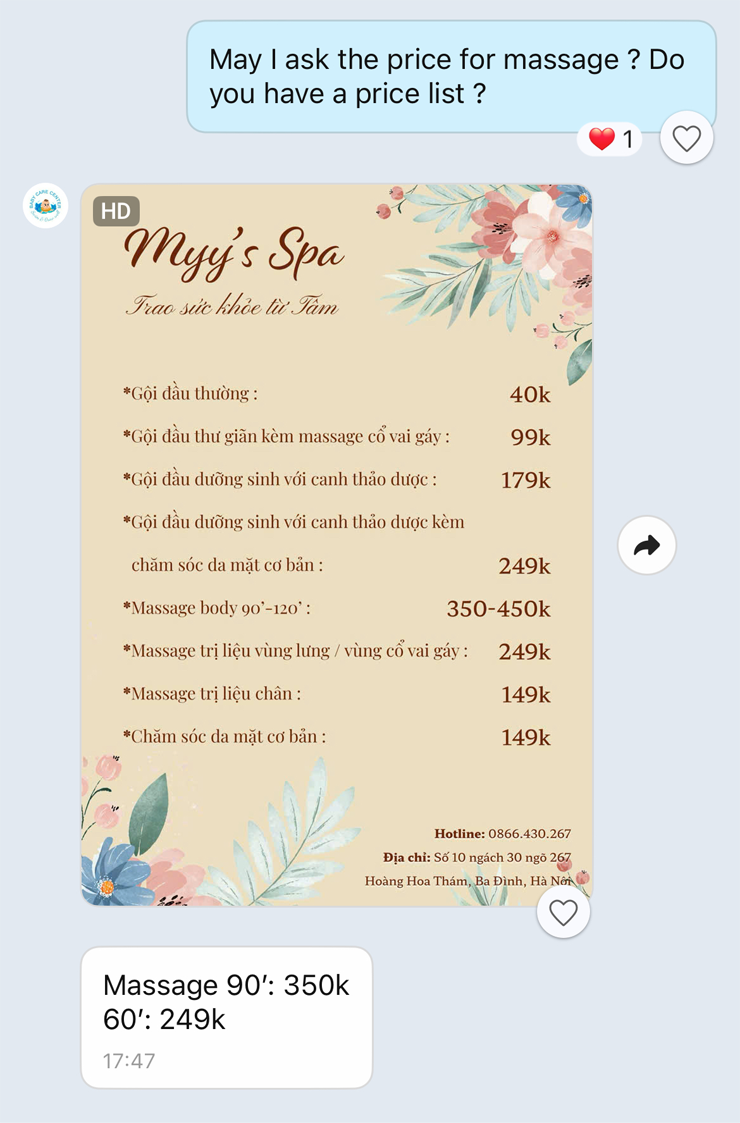 В салоне недалеко от дома за мытье головы брали 40 000 VND⁣ ( ₽), но я всегда оплачивала услугу за 99 000 VND⁣ ( ₽) с расслабляющим массажем и маской для волос из натуральных трав. Обычный массаж на все тело стоил 249 000 VND⁣ ( ₽) за час и 350 000 VND⁣ ( ₽) за полтора часа