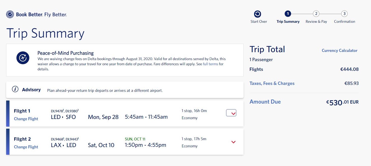 На сайте Delta Airlines билеты стоили 530,01 € — 45 713 ₽ по курсу на август 2020 года. Это почти на 5 тысяч дешевле, чем на агрегаторе