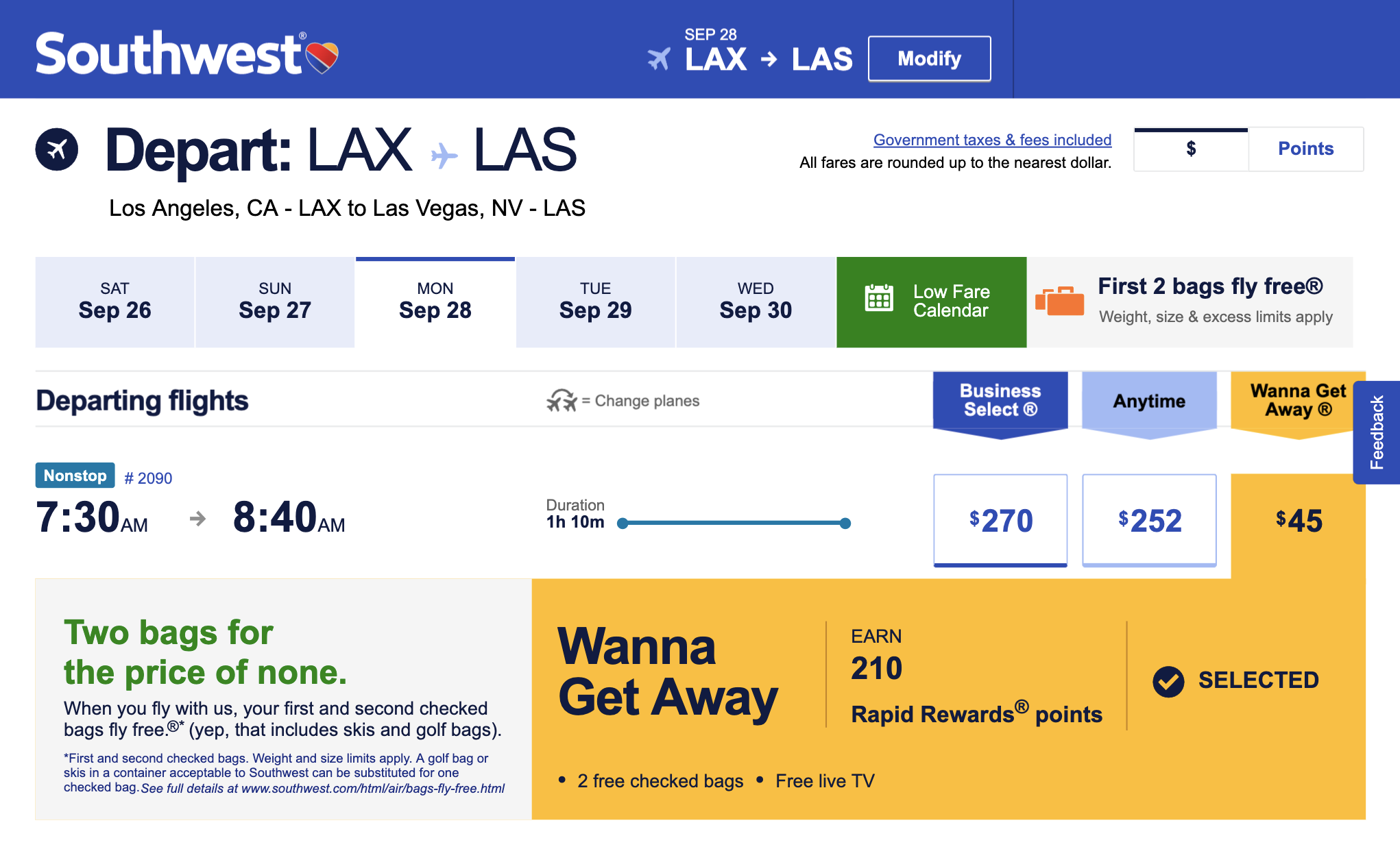 Билет авиакомпании Southwest по маршруту Сан⁠-⁠Франциско — Лас⁠-⁠Вегас стоит 45 $, но при этом с собой можно взять два чемодана