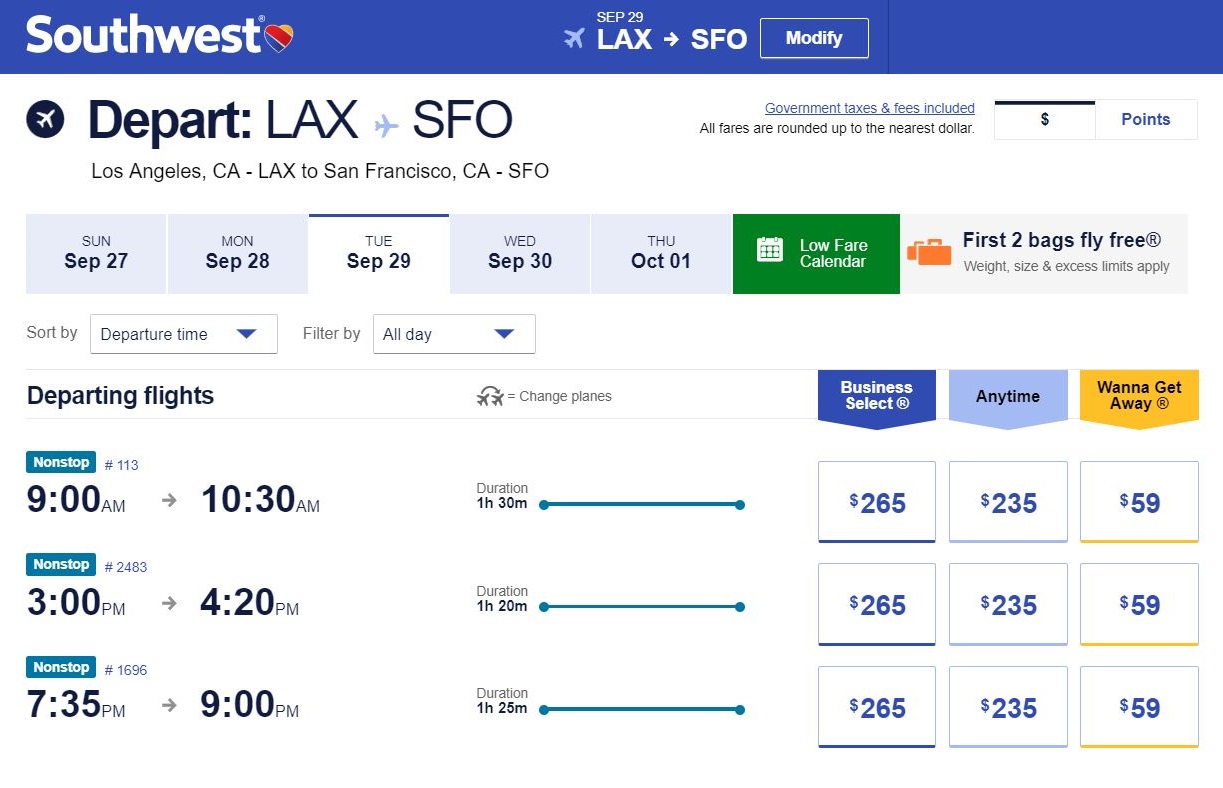 Билет на самолет Лос⁠-⁠Анджелес — Сан⁠-⁠Франциско стоит 59 $