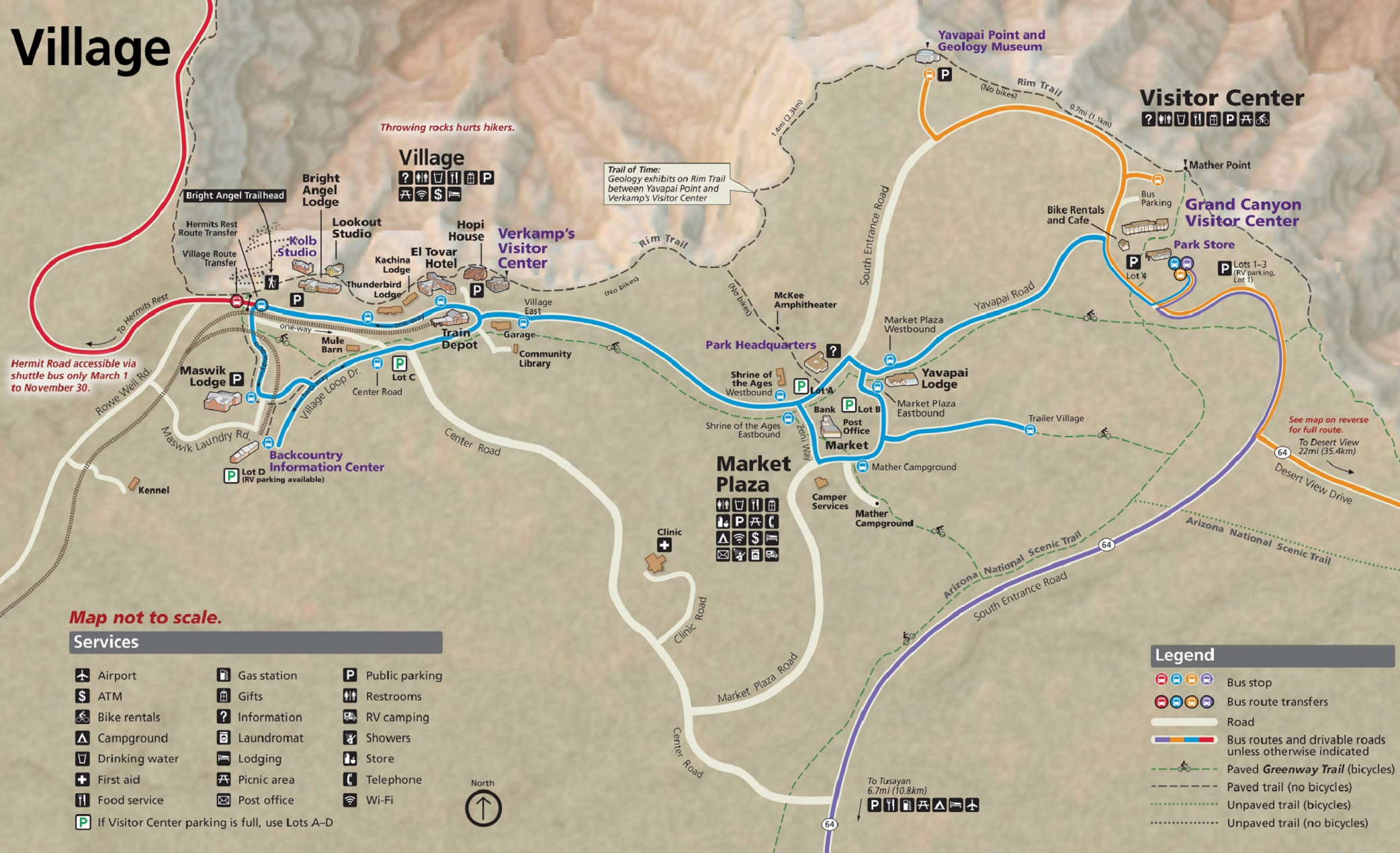 Карта Гранд-Каньона с автобусными маршрутами и основными обзорными точками. Я выбрала Рим⁠-⁠Трейл — эта тропа обозначена черным пунктиром в верхней части карты. Источник: National Park Service