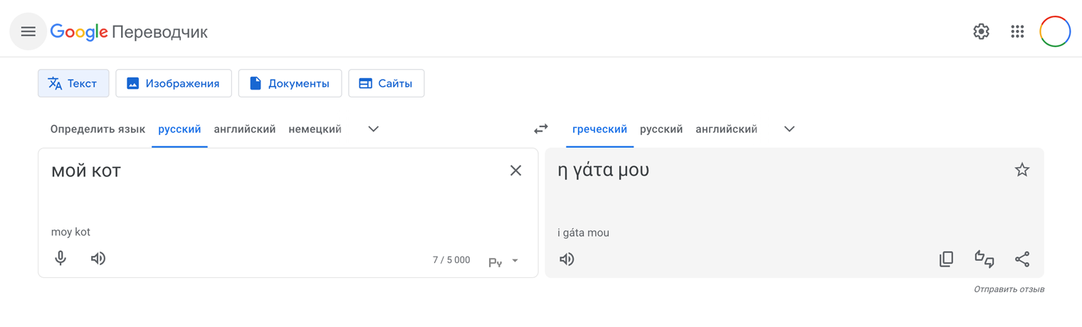 «Гугл-переводчик» знает только кошку. Источник: translate.google.com