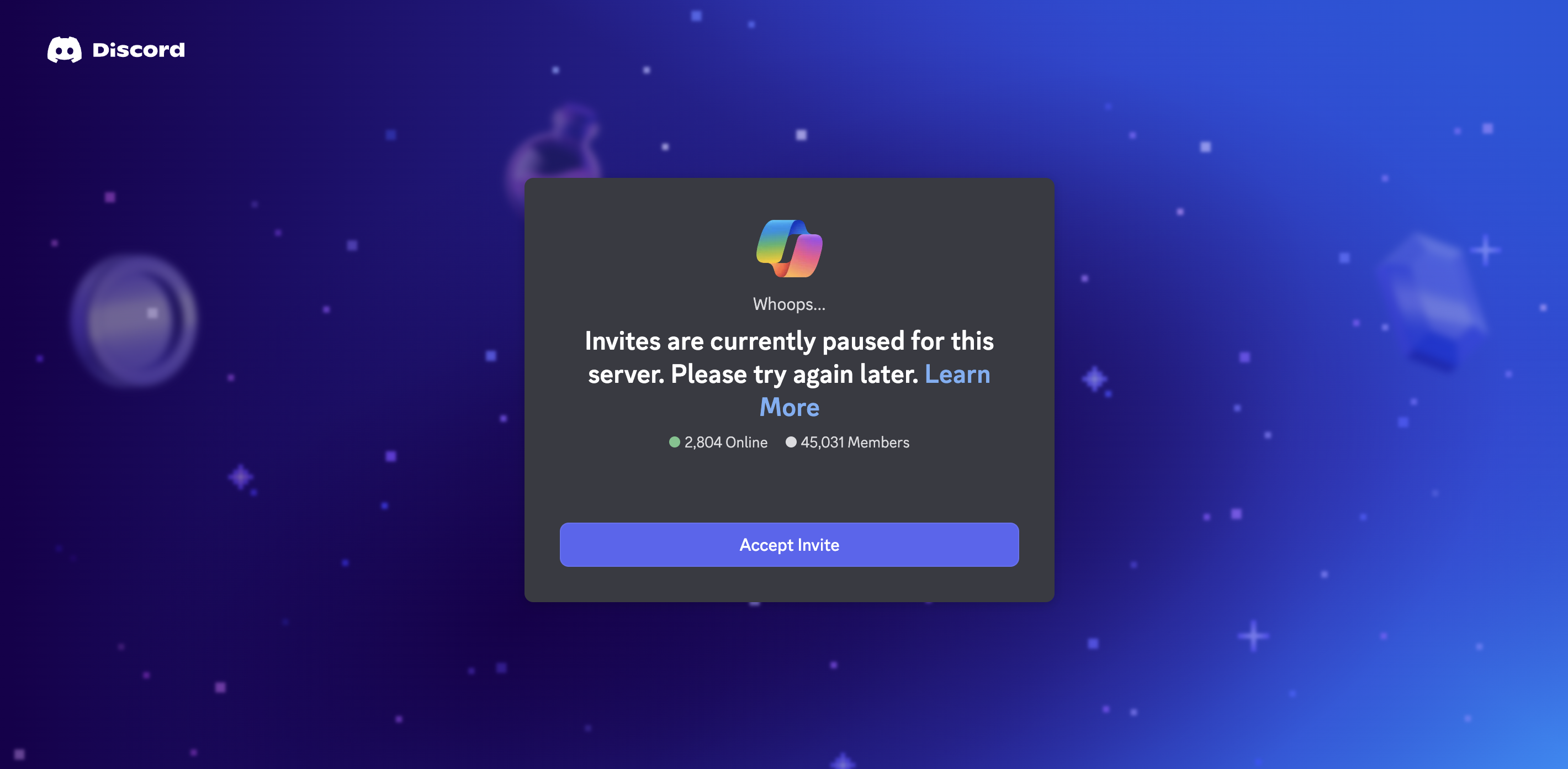 Новых пользователей в Discord Copilot не пускает