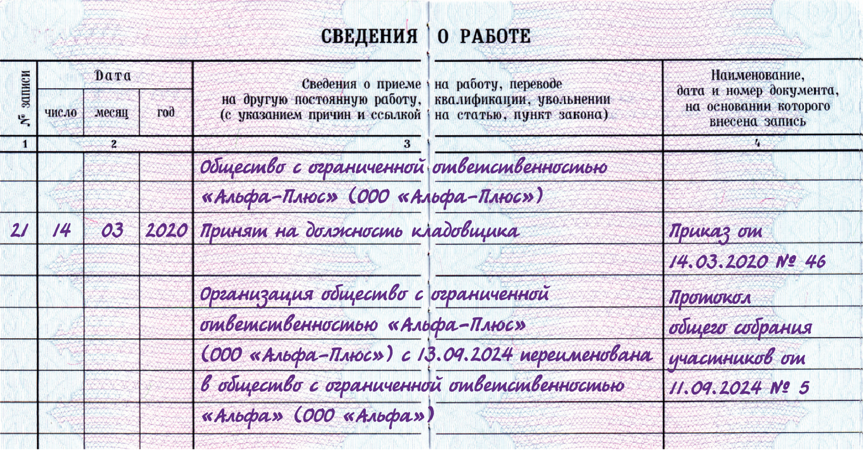 Внесение записи в трудовую книжку о переименовании организации. Образец заполнения трудовой книжки при переводе на другую должность. Переименование организации в трудовой книжке образец. Запись в трудовой увольнение за прогул.