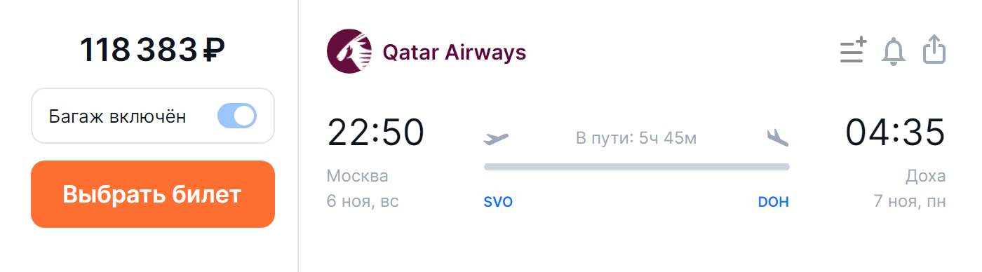 Перелет из Москвы в Доху в одну сторону с багажом на 6 ноября прямым рейсом Qatar Airways стоит 118 383 ₽. Источник: aviasales.ru