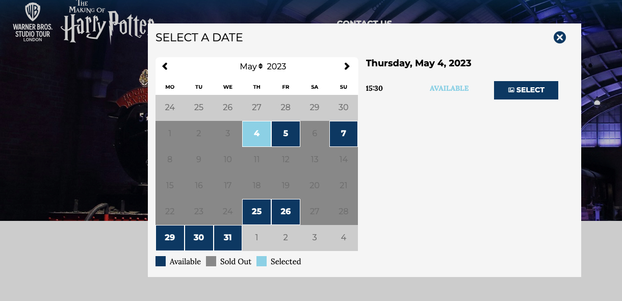 Вот что сайт показывает сейчас, в конце марта: ближайшие доступные даты — это несколько дней в мае. Источник: wbstudiotour.co.uk