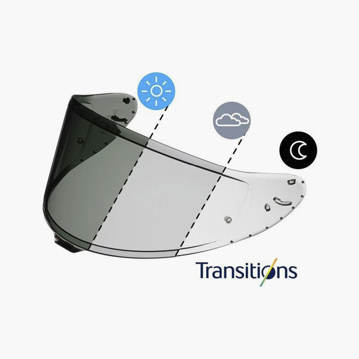Фотохромный визор Shoei с технологией Transitions автоматически подстраивается под внешнее освещение — может менять степень тонировки от 30 до 80%. В Европе такой визор ставить на шлем нельзя. Источник: shoei-europe.com
