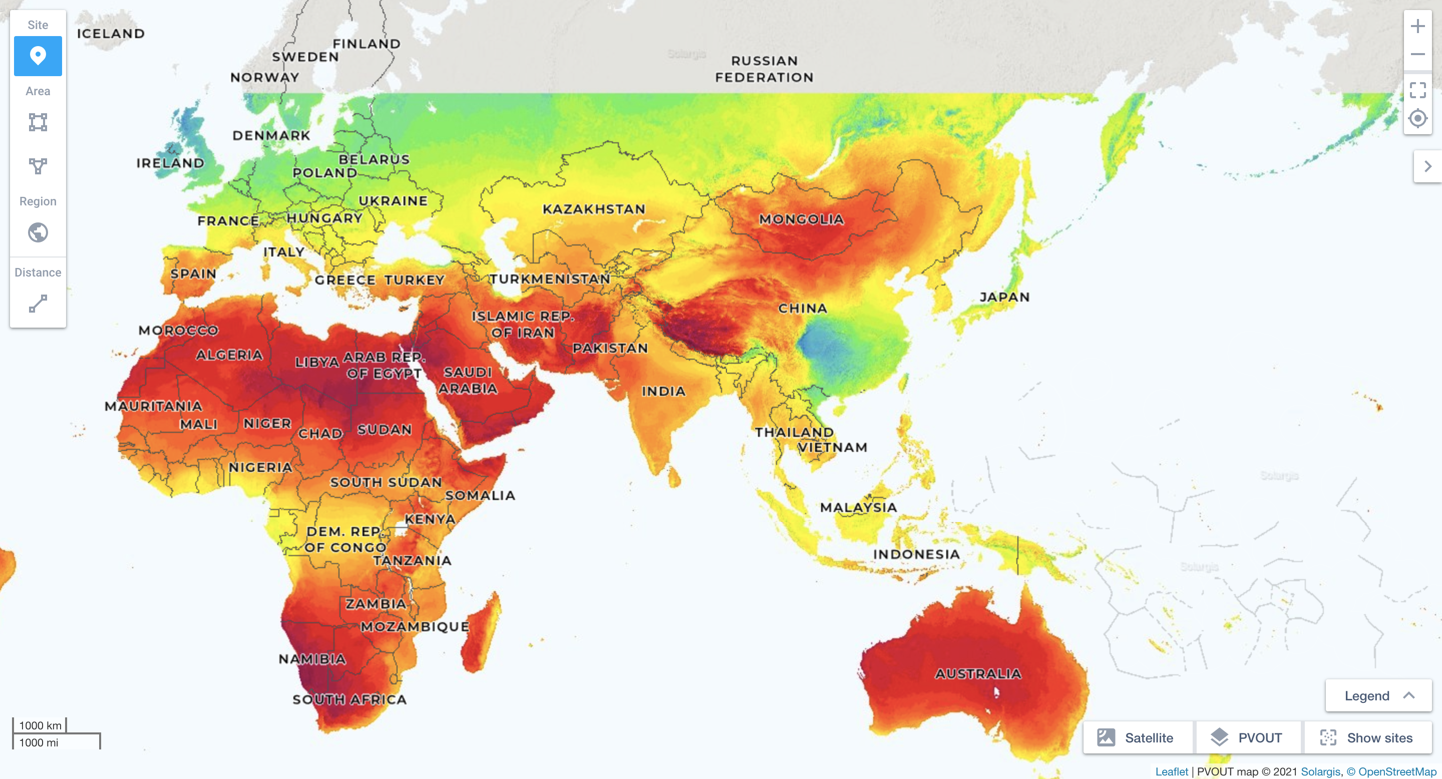 Глобальный солнечный атлас: чем краснее, тем выше инсоляция. Источник: globalsolaratlas.info