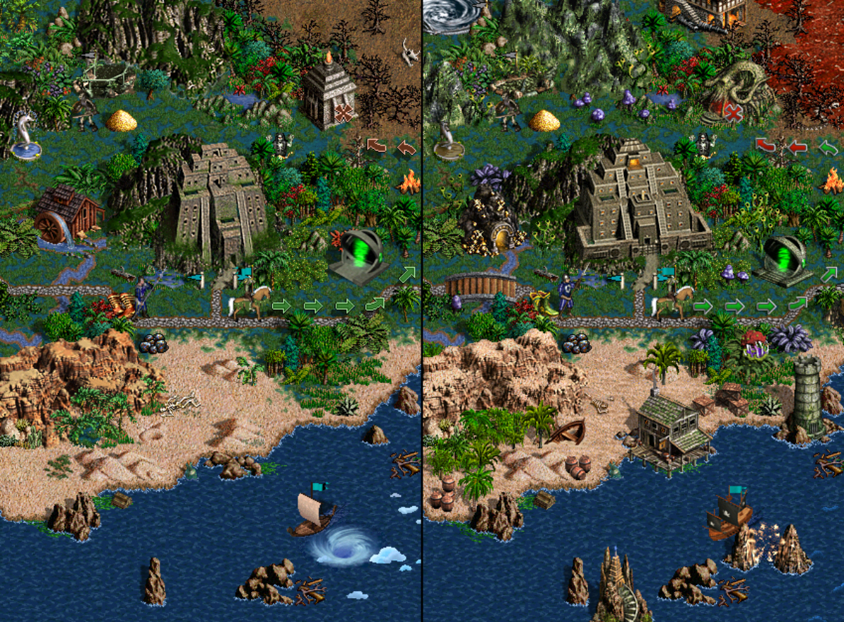Слева карта из оригинала, а справа — версия из HotA. В современных «Героях 3» немного доработан дизайн и больше разнообразия в деталях. Источник: The 3DO Company