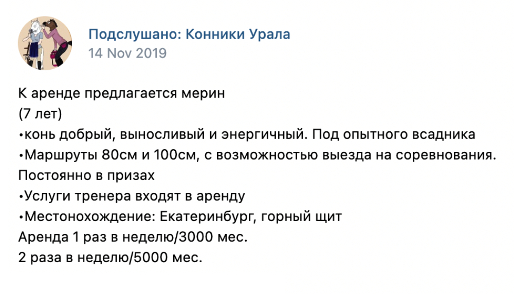 Пример объявления об аренде в группе во «Вконтакте»
