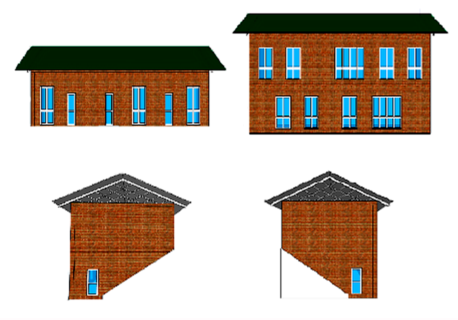 Эскиз дома, который я подготовил для оформления разрешения на строительство. Цвета выбраны условно. Я любитель стеклянных входных дверей, поэтому в доме тоже хотел сделать их такими