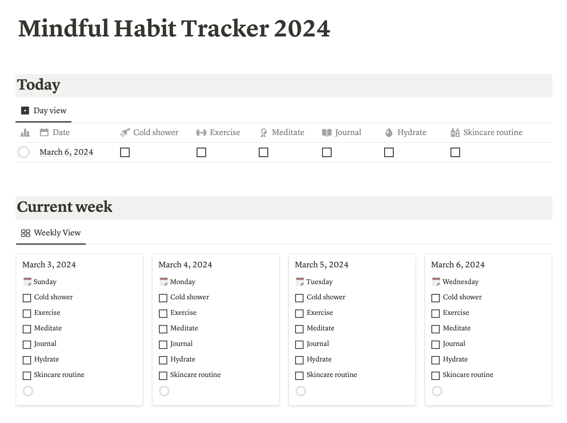 Трекер привычек из Mindful Habit Tracker: холодный душ, упражнения, медитации, ведение дневника, питье воды, уход за кожей