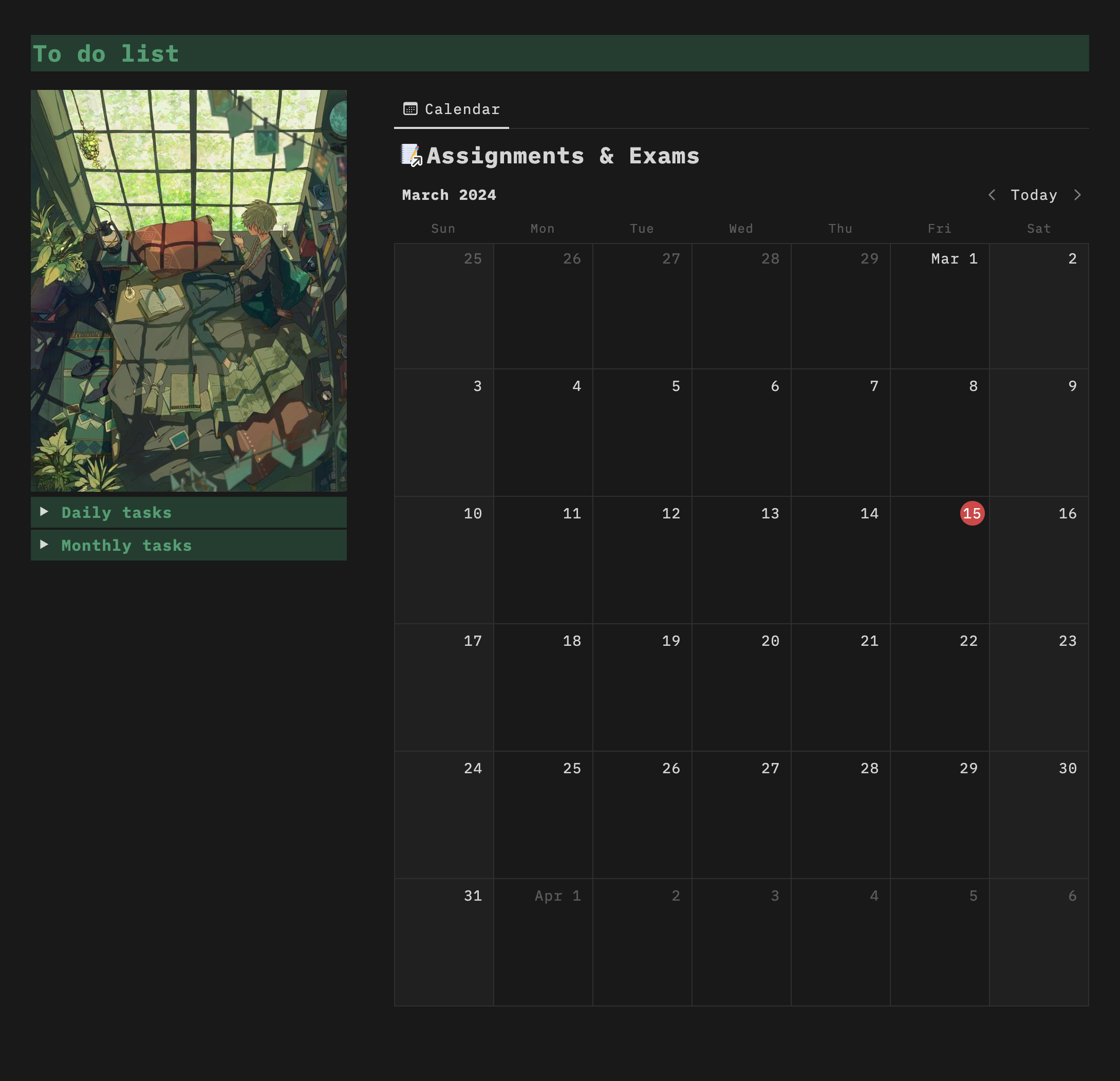 Matcha Home состоит из нескольких блоков: списка дел на каждый день, календаря и картинок с цветами!