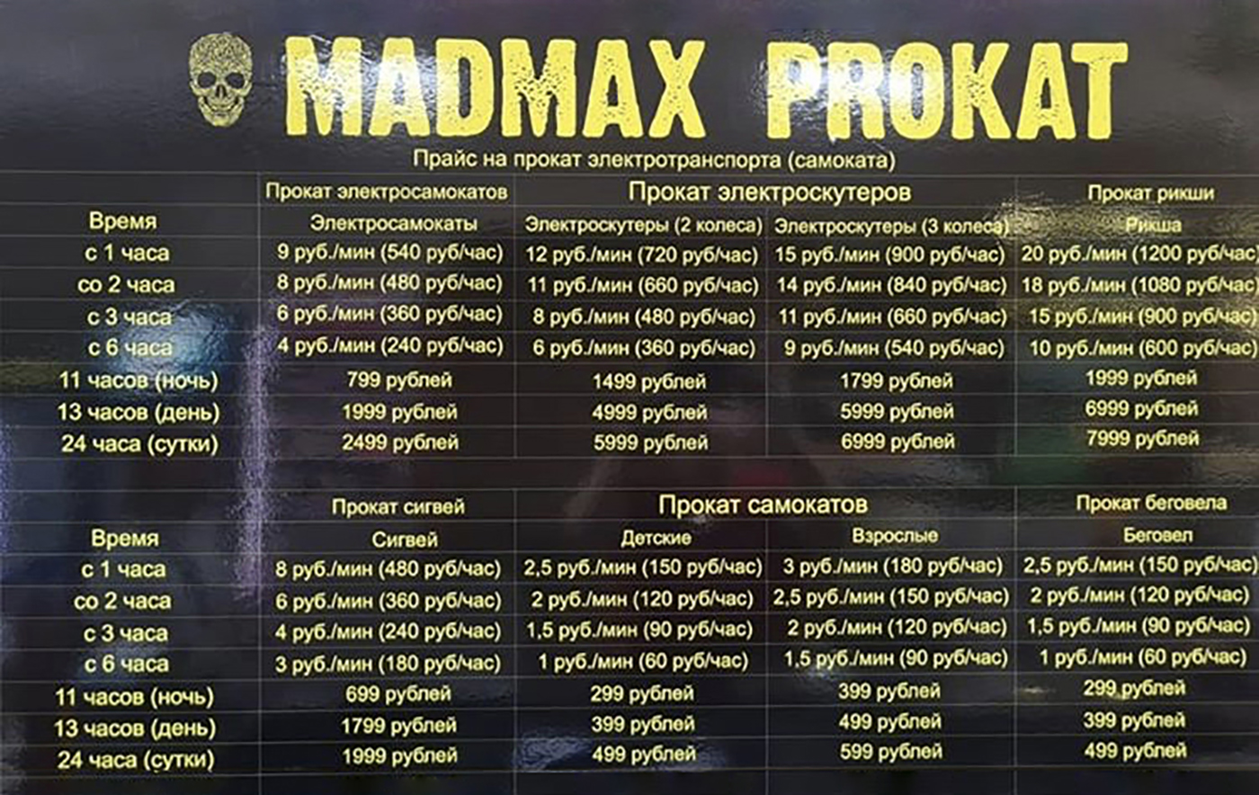 Стоимость проката в пунктах Madmax в Рязани