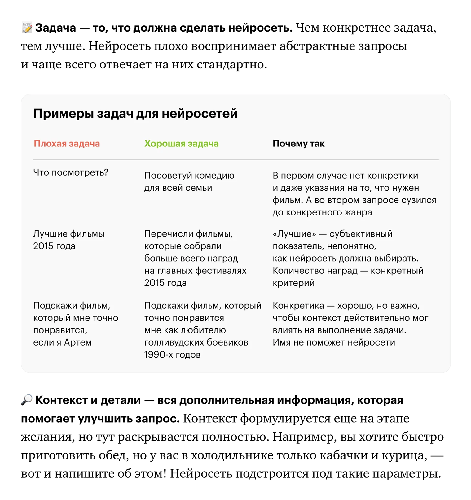 Все советы отрабатывают на упражнениях с примерами запросов. Источник: journal.tinkoff.ru