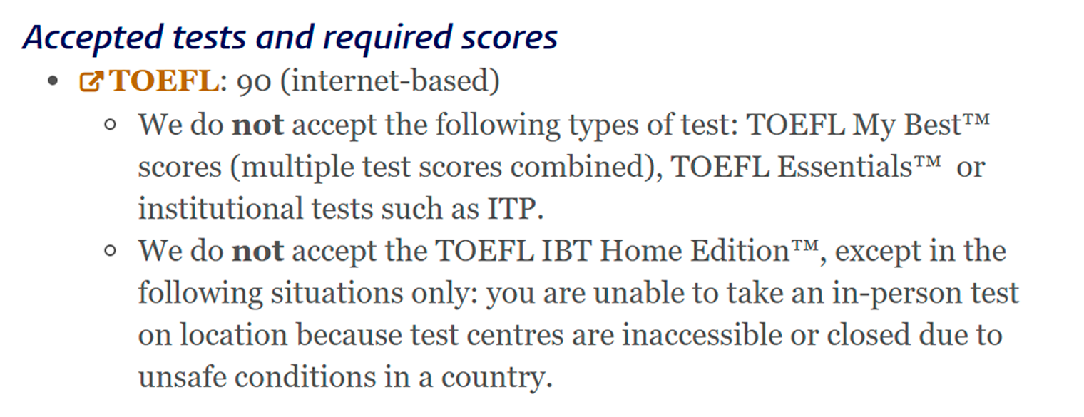 Лейденский университет пишет, что не принимает TOEFL Home Edition, но указывает: если в стране недоступны центры для сдачи, может быть сделано исключение