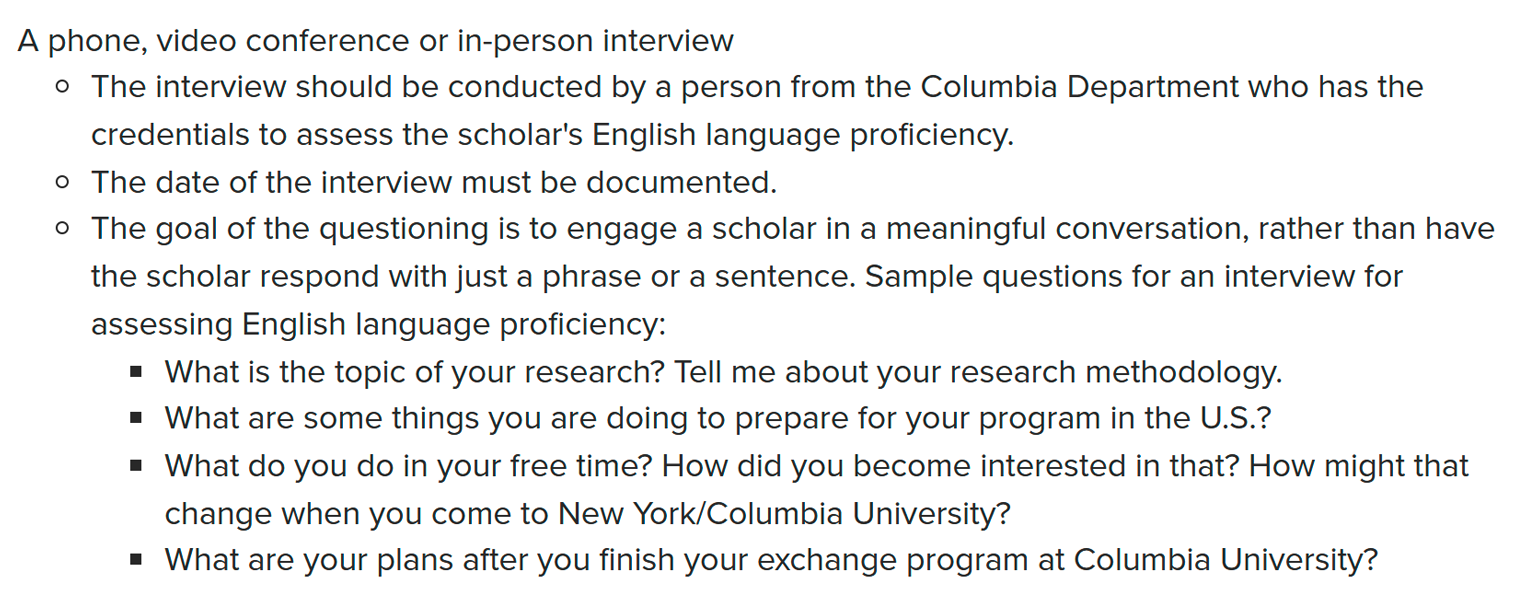 Один из способов подтвердить знание языка в Колумбийском университете — пройти специальное интервью. Источник: isso.columbia.edu