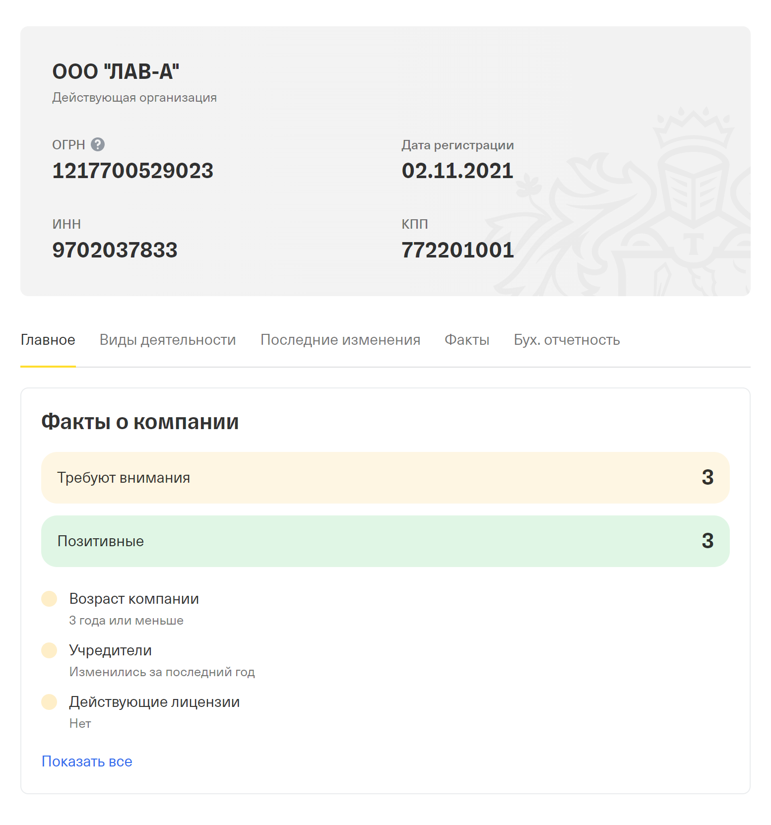 Пример карточки юридического лица платежной системы Lava — компания существует не так давно, но не выглядит «однодневкой». Источник: tinkoff.ru