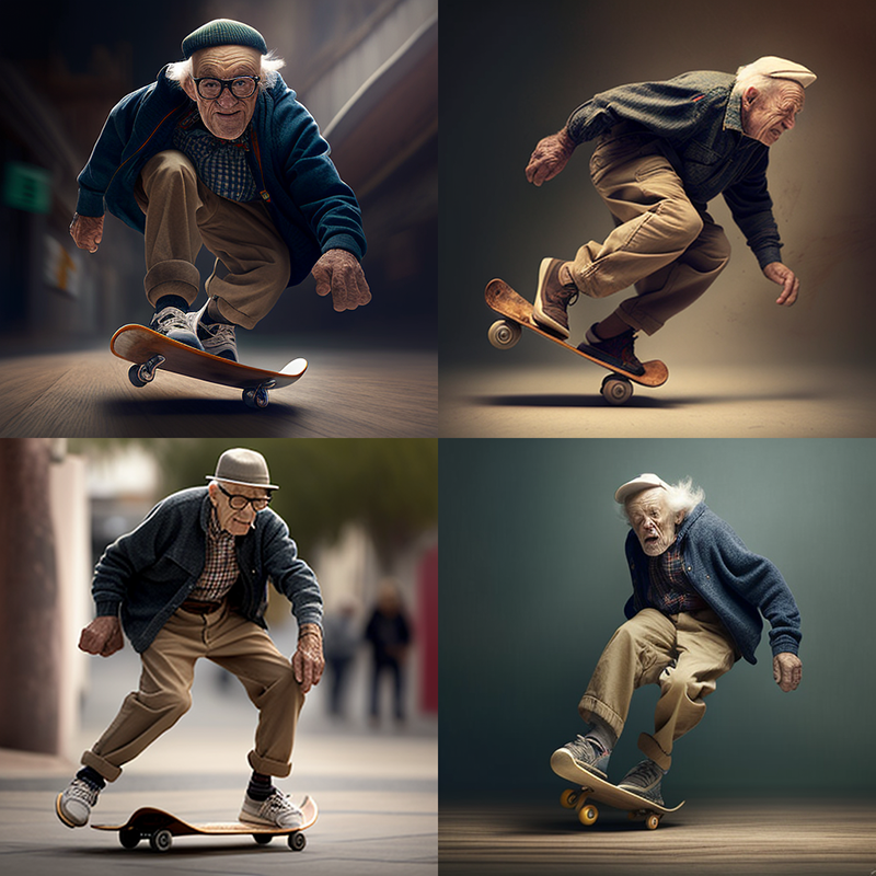 Пожилой мужчина катается на скейте