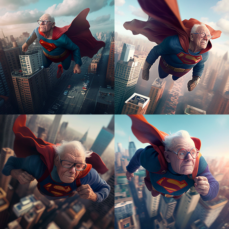 Пожилой мужчина летит над городом в костюме супермена