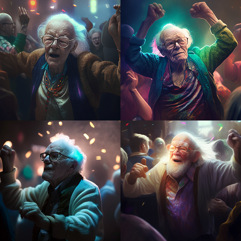 Пожилой мужчина танцует на рейв-вечеринке