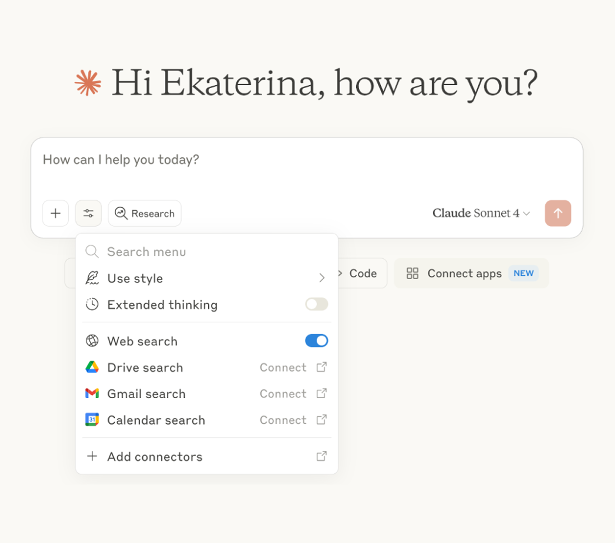 После оплаты подписки добавились режим Extended thinking и возможность подключить гугл-сервисы
