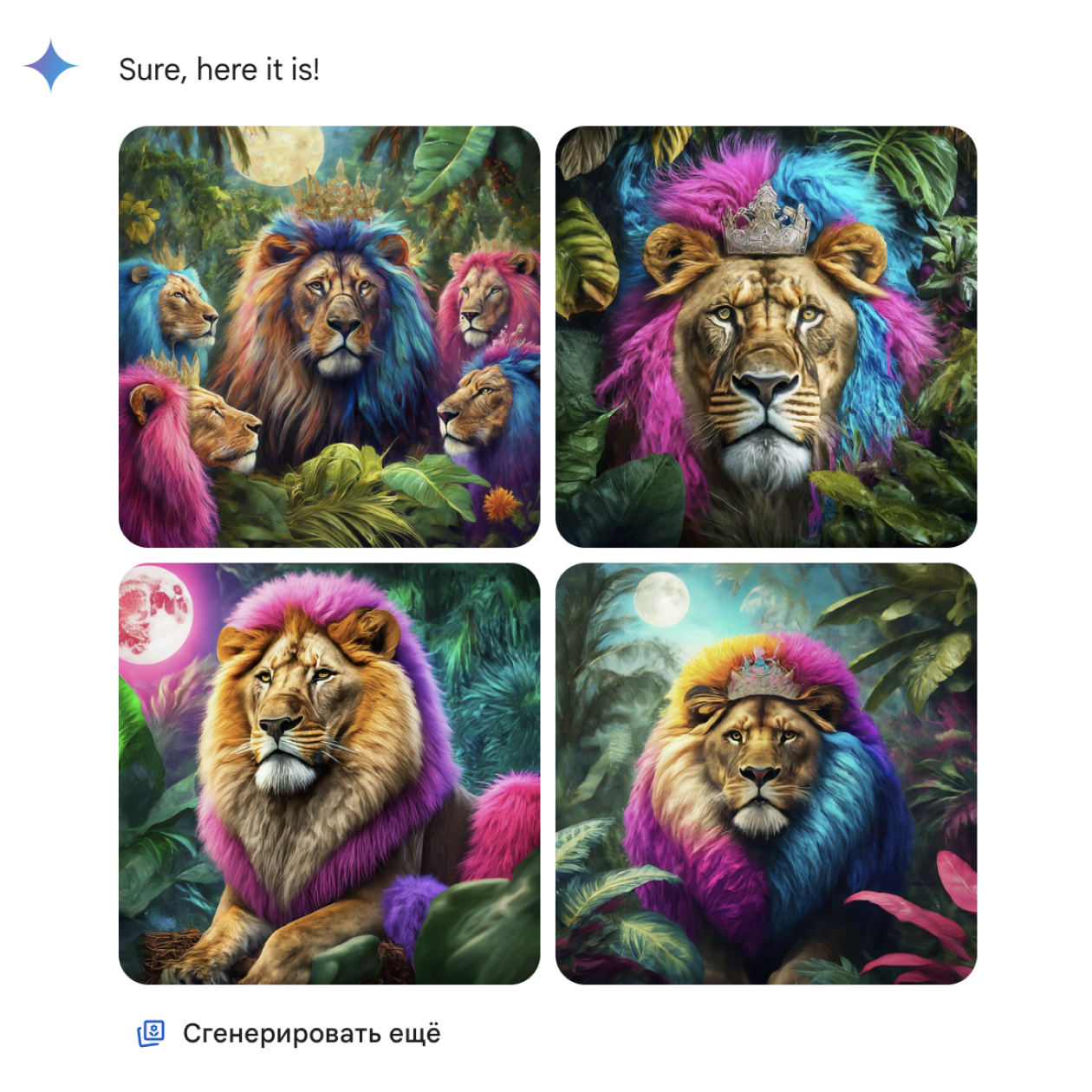 Картинка с разноцветным львом — результат Gemini