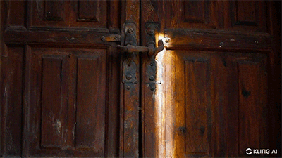 Запрос: «Slow zoom-in on a massive wooden door of an old museum, showing its weathered paint and ancient metal hinges. Light seeps gradually through a narrow crack, illuminating floating dust particles. The camera lingers on the wood’s textures, cracks and rust, with light effects highlighting every intricate detail. Eerie, timeless»