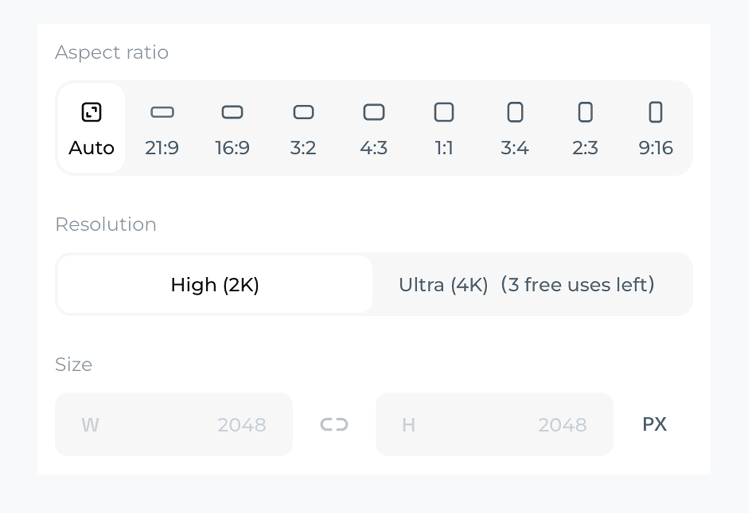 По клику на выбор соотношения сторон открываются детальные настройки