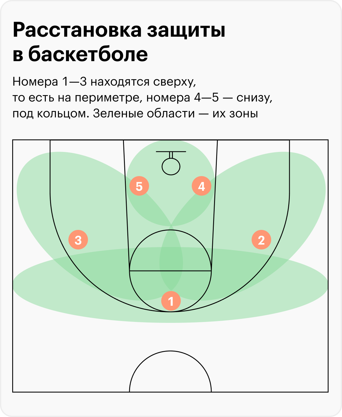 Номера 1—3 находятся сверху, то есть на периметре, номера 4—5 — снизу, под кольцом. Зеленые области — их зоны