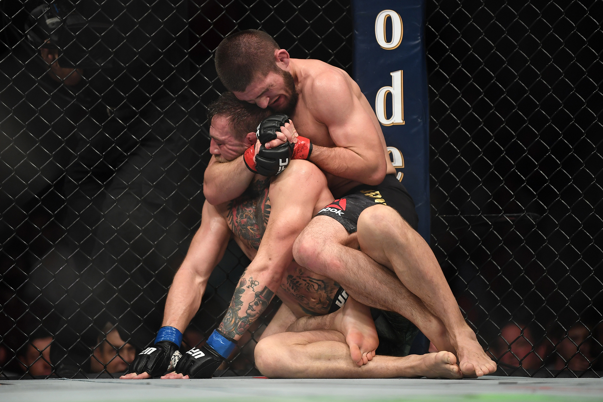 А это Хабиб Нурмагомедов проводит в партере удушающий прием против Конора Макгрегора на UFC 229. Через несколько секунд ирландец сдастся. Источник: Jeff Bottari / Gettyimages
