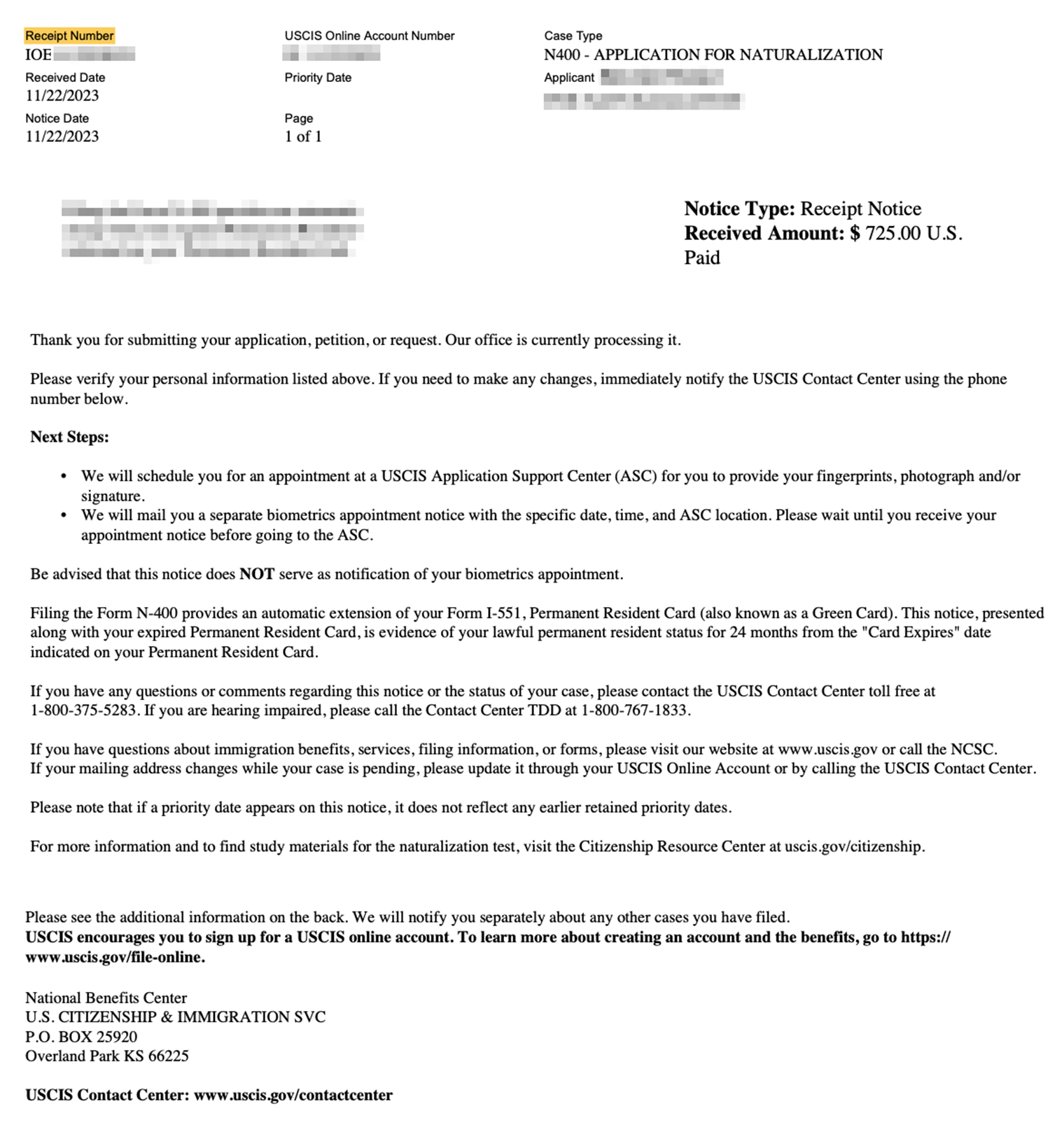 В уведомлении сообщают, что заявление взяли в работу и следующим этапом пригласят на сдачу биометрии. В верхнем левом углу — номер квитанции (receipt number), по которому можно отслеживать статус дела