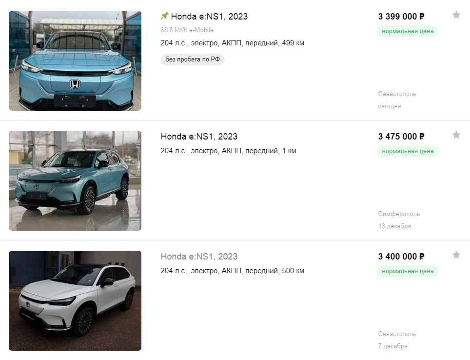 Цены на Honda e:NS1 в Крыму в декабре 2023 года