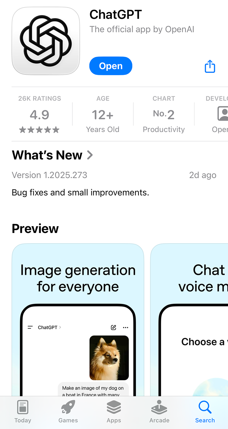 Вам нужно приложение ChatGPT, которое выглядит так